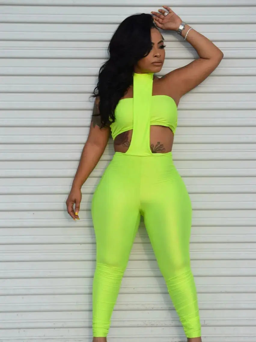 Weird Puss Sexy Backless 2 Piece Set Women Stretch Tube Top+Skinny Halter Jumpsuit Fitness Street Matching Party Club Overalls