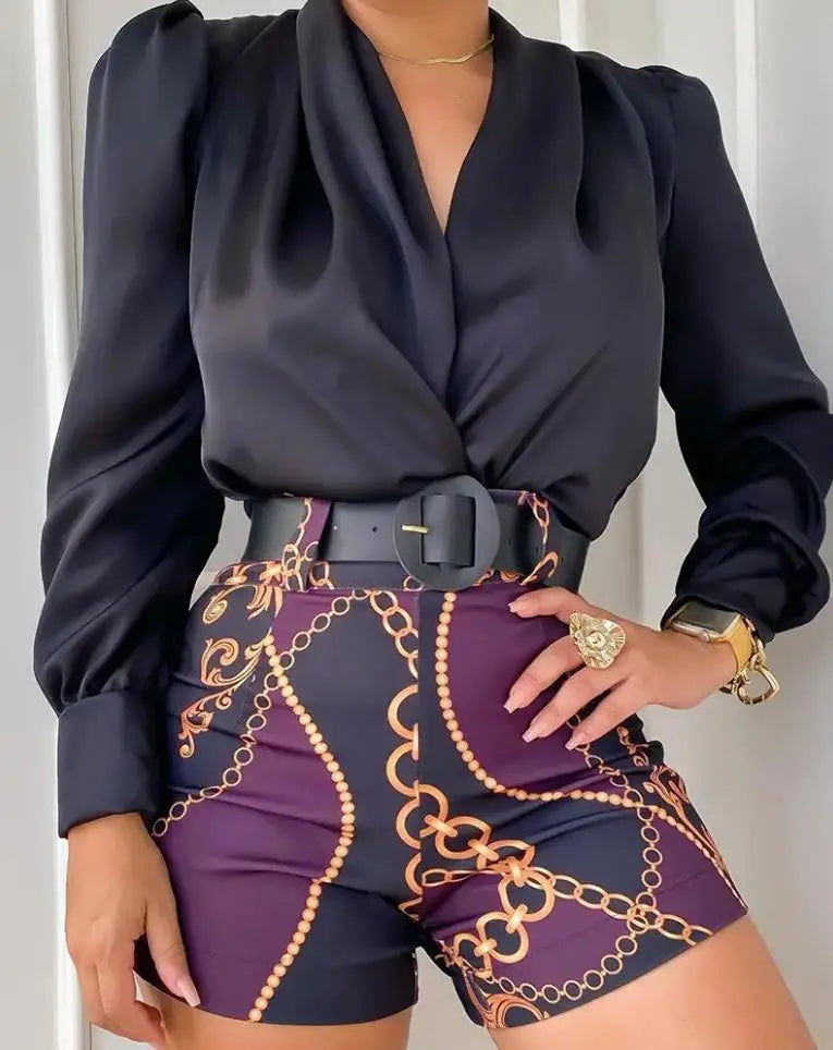 Two Piece Sets Womens Outifits Casual Vintage  Printed Shorts Sets Summer 2022 New V-neck Top Shorts Suits