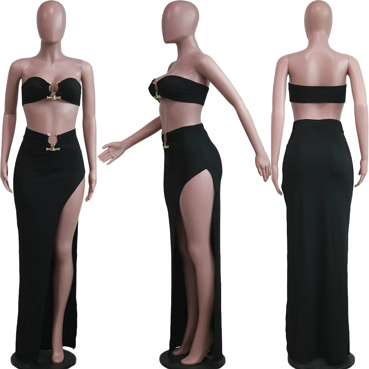New Chic Gold Ring Bandeau Slit Skirt Two-Piece Set Womens Beautiful Off Shoulder Matching Skirt Set Nightclub Outfits