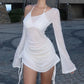 2025 Summer Women Dulzura Solid Skew Collar Ruched Straps Lace-Up See Through Draw String Mini Dress Party Clubwear Wholesale