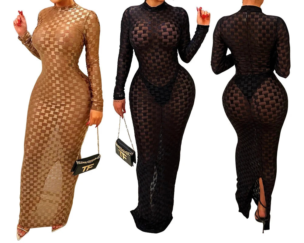 Turtleneck Skinny Women Dresses Sexy Skirt Long Sleeve Bodycon Sexy Streetwear Party Club Hollow out Long Dress