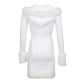Women Plush Hem Splicing Frenulum V-neck Hooded Dress Winter Solid Color Long Sleeve Bodycon Dress for Female White