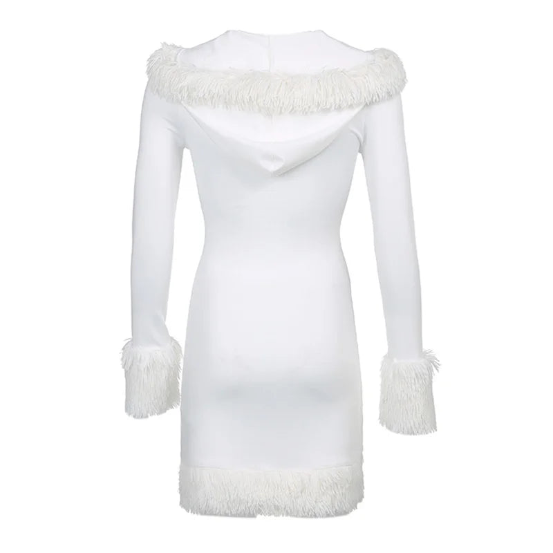 Women Plush Hem Splicing Frenulum V-neck Hooded Dress Winter Solid Color Long Sleeve Bodycon Dress for Female White