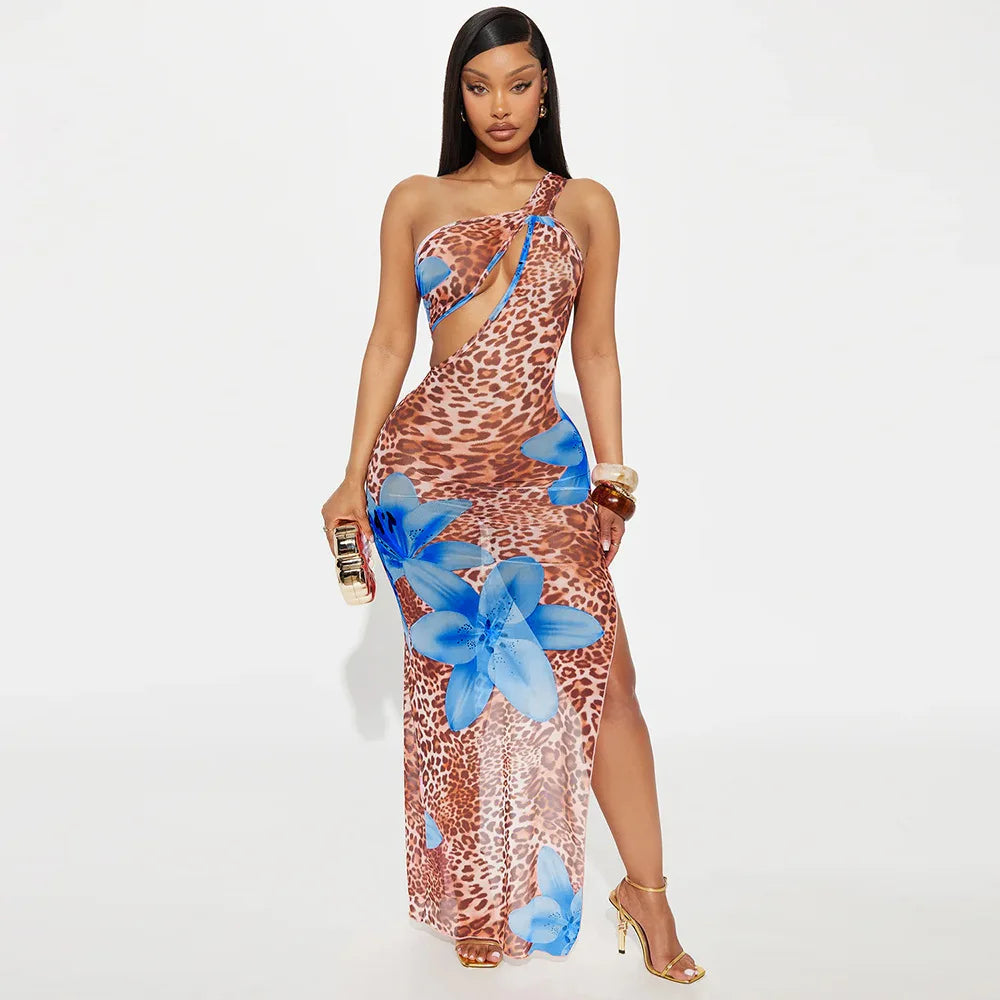 CM.YAYA Women Floral Leopsrd Printed Sleeveless High Side Split Long Maxi Dress 2025 Skew Collar Sexy Birthday Party Dresses