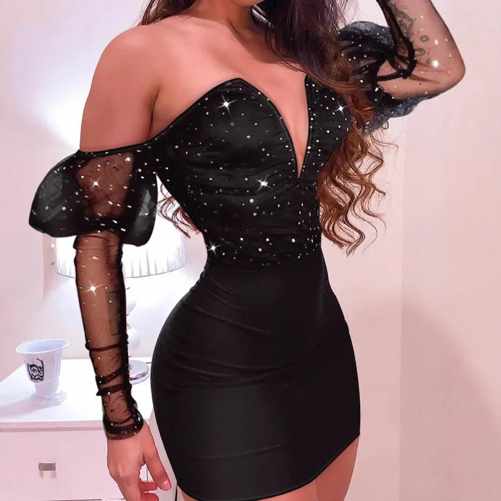Fashion Mesh Stitching Sprinkling Slim Dress Women Long Sleeve High Waist Sexy Bodycon Mini Dress