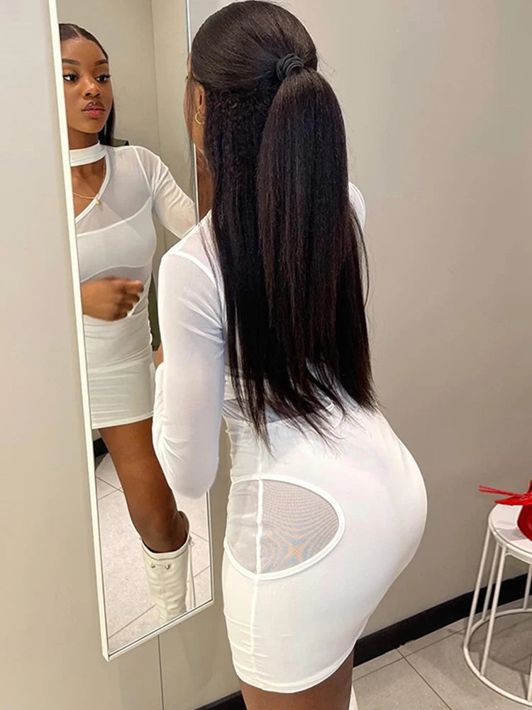 Weird Puss Sexy Mesh Dress Women Y2K Patchwork Hollow Solid Zip Summer Trend Skinny Elegant Hipster Stretch Bodycon Clubwear