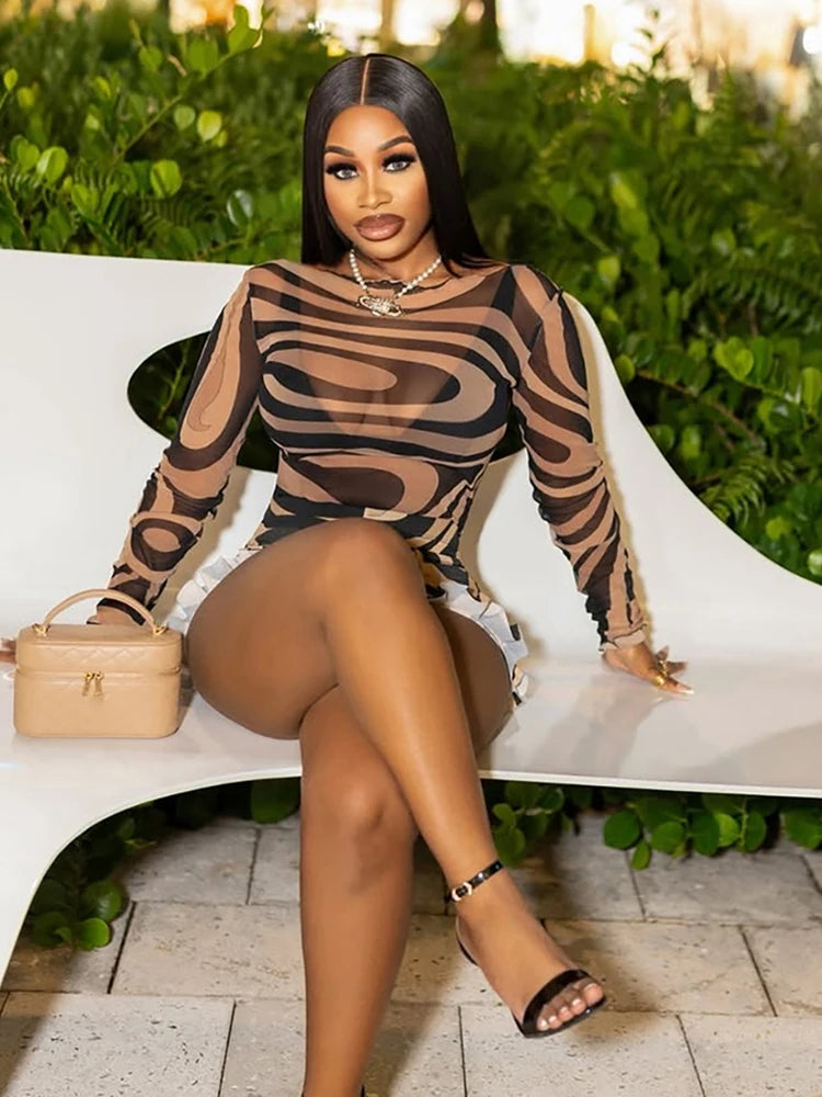 Sisterlinda Striped Print Mesh 2 Piece Set Fashion Chic Full Sleeve O-neck T-shirts+Ruffle Trim Slim Shorts Female New Clubwear