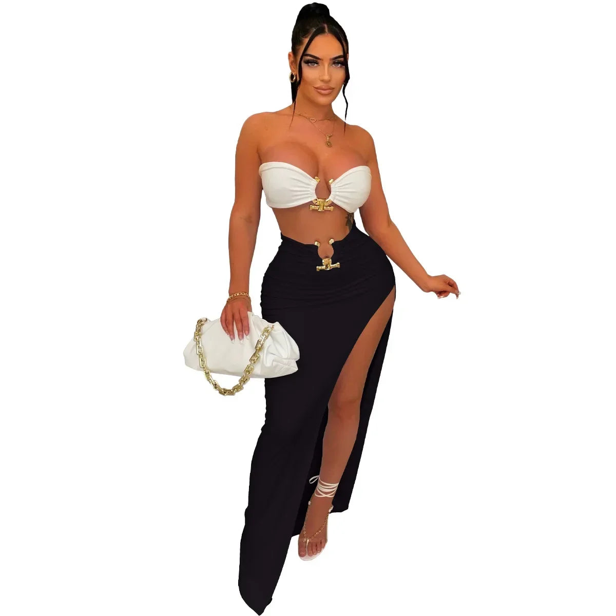 New Chic Gold Ring Bandeau Slit Skirt Two-Piece Set Womens Beautiful Off Shoulder Matching Skirt Set Nightclub Outfits