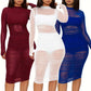 Women's 3 Piece Crop Top Shorts Sheer Mesh Overlay Ruched Midi Dress Set