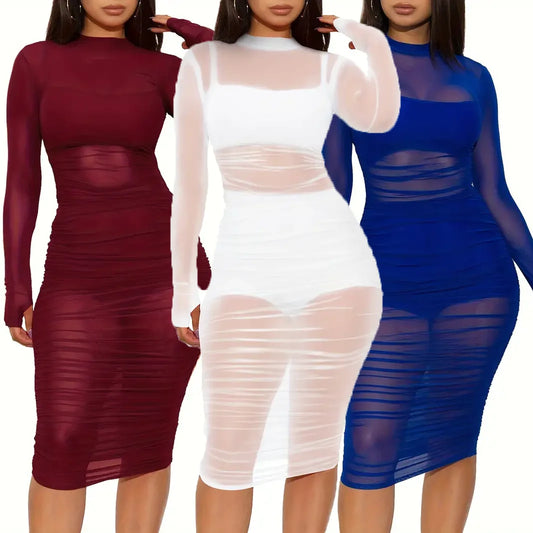 Women's 3 Piece Crop Top Shorts Sheer Mesh Overlay Ruched Midi Dress Set