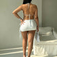 Women's sexy two-piece set with lace up off the shoulder and navel top strap up mini skirt