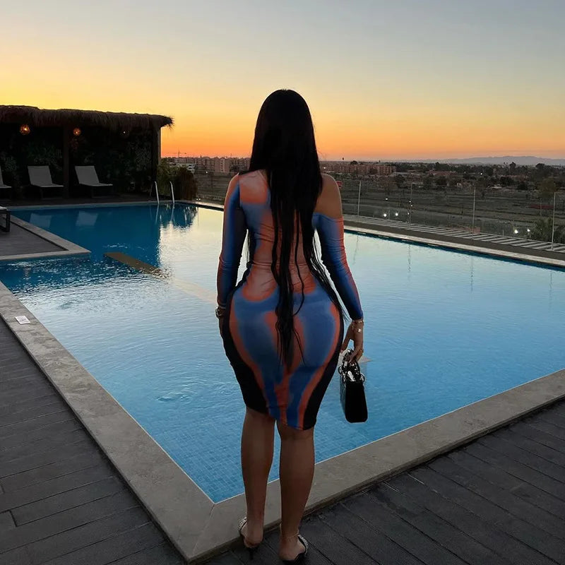 Autumn New Sexy Women Dresses Clubwear Hollow Out Fashion Print  Dresses Inclined Shoulder Skinny Female Slim Long Sleeves Dress