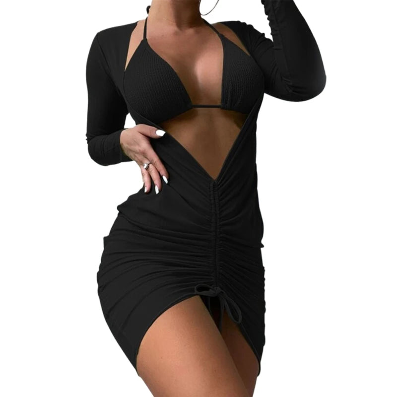 Women Solid Color Swimwears 3 Pieces Split Bathing Suit Summer Swimming Suit Female Highs Waist Wrap Swimsuit Beachwears H58D
