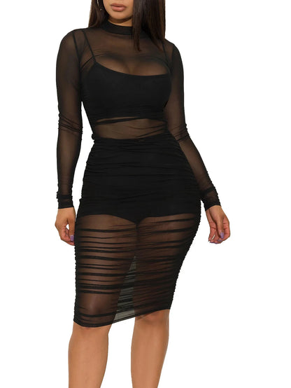 Women's 3 Piece Crop Top Shorts Sheer Mesh Overlay Ruched Midi Dress Set