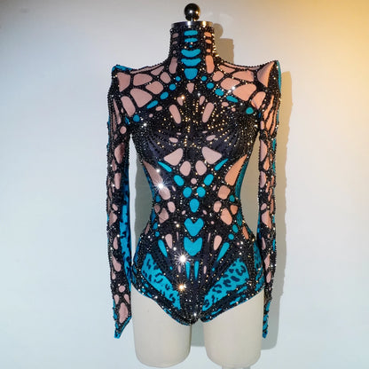 Sexy Stage Sparkly Rhinestones Bodysuit Green Dance Costume Party Bar Show Performance drag queen Outfit Cosplay Halloween pole