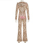 Sexy Two Piece Set for Woman Sexy y2k Letter Printed Leopard Print Hooded Zipper Top Sexy Low Waist Tight Micro Flared Pants Set