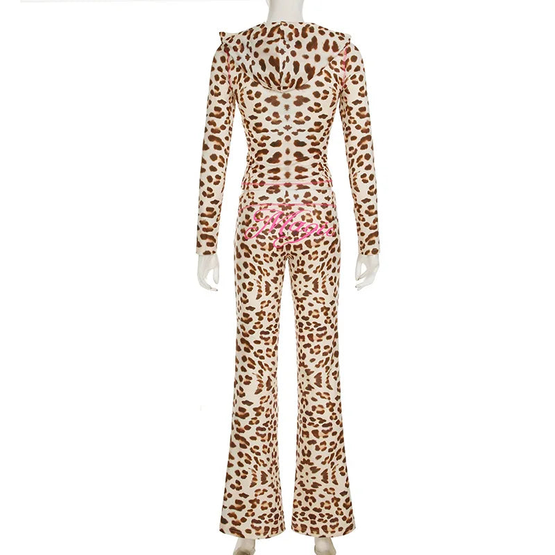 Sexy Two Piece Set for Woman Sexy y2k Letter Printed Leopard Print Hooded Zipper Top Sexy Low Waist Tight Micro Flared Pants Set