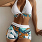 Fashion Printed Swimsuit Women Spliced Lace Up Sporty Surfing Bikini Set Bathing Suit Beachwear Swimwear Female Swimming Suits