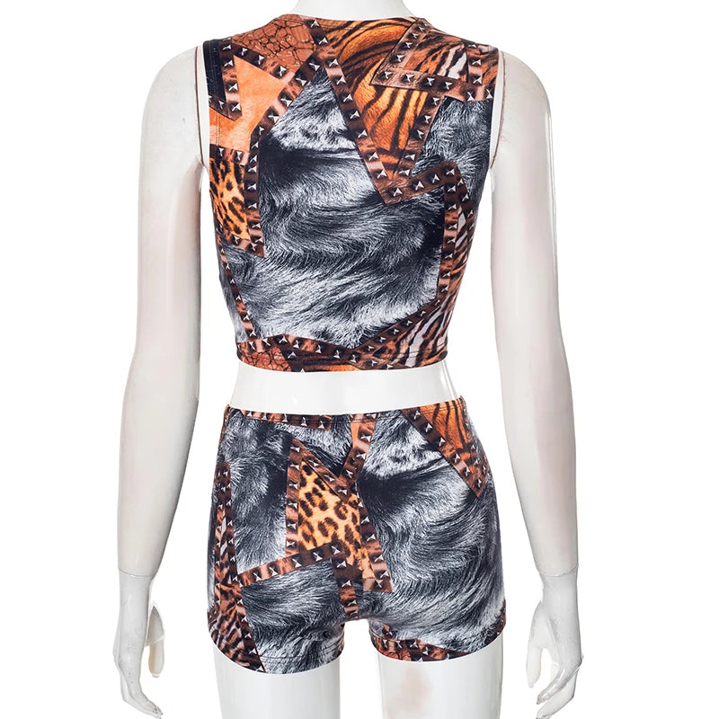 CUTENOVA Spring/Summer Leopard Print Sleeveless Tank Top + Mini Shorts Exposed Navel Skinny Shorts Set Fashion Streetwear Y2K