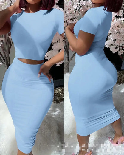Europe And The United States Women's Short-sleeved Round Neck Blouse Leaky Waist Suit Tight Mid-length Package Hip Skirt