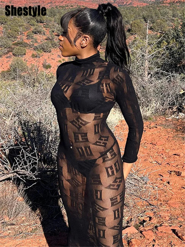 Shestyle See Through Super Elastic Long Pencil Dress Women Letter Print Mock Neck Clubwear Bodycone Hot Fashionable Outwear
