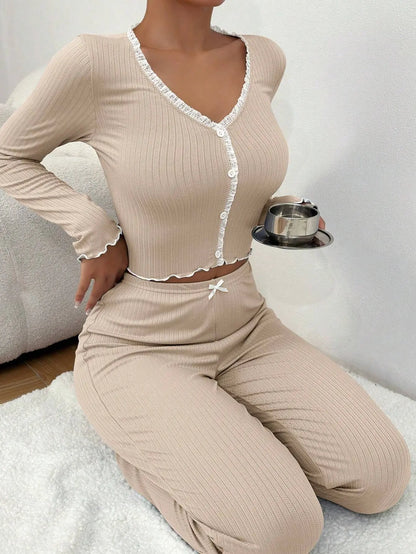 Pajamas Suit Women 2 Piece Sets Sleepwear Trousers Ensemble Top Pants Single Breasted Bow Autumn Nightwear Outfits Loungewear