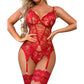 Women's Sexy Lingerie Floral V Neck Lace Nightwear, Chest Free Lingerie, Lace Bodysuit with Leg Garter, Teddy Babydoll Nightgown