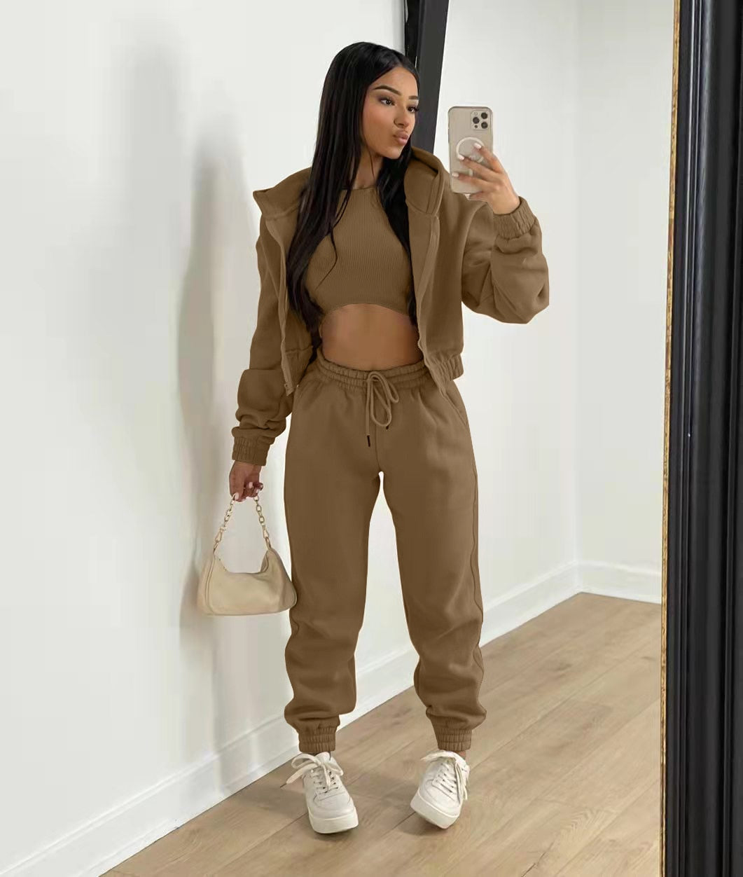 3 pieceLong Sleeve Zip Hoodies+Ribbed Tank+High Waist Three Pieces Outfit