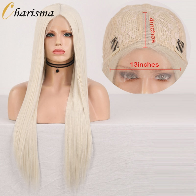 FROST HUMAN HAIR COLLECTION Charisma Blonde Wig Synthetic Lace Front Wig for Women Long Silky Straight Hair Natural Hairline Side Part Cosplay Wigs