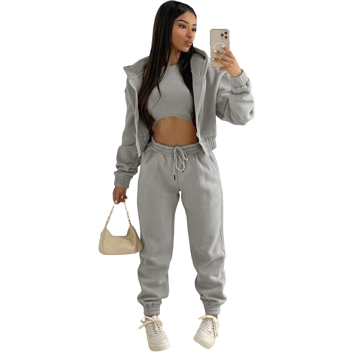 3 pieceLong Sleeve Zip Hoodies+Ribbed Tank+High Waist Three Pieces Outfit