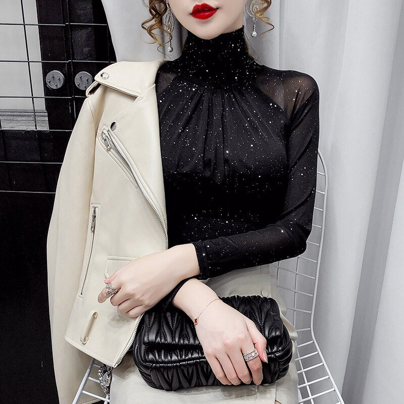 High neck Sexy Black Casual Bright silk Lady shirt