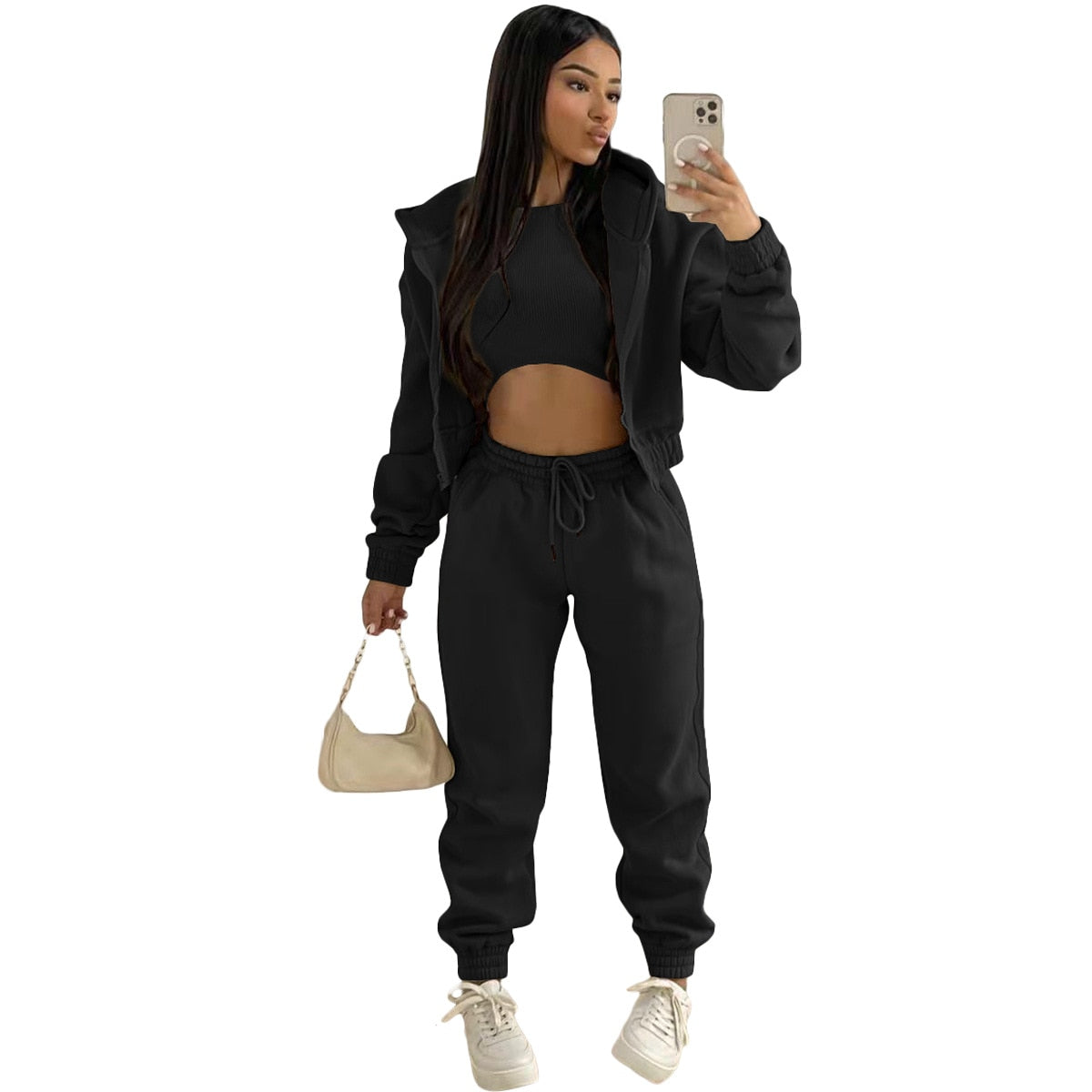 3 pieceLong Sleeve Zip Hoodies+Ribbed Tank+High Waist Three Pieces Outfit