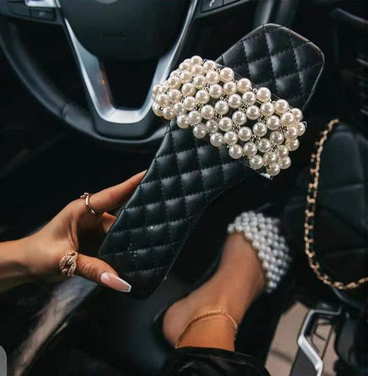 pearl rhinestone women&#39;s all-match casual slippers fashion solid color flat shoes sandals