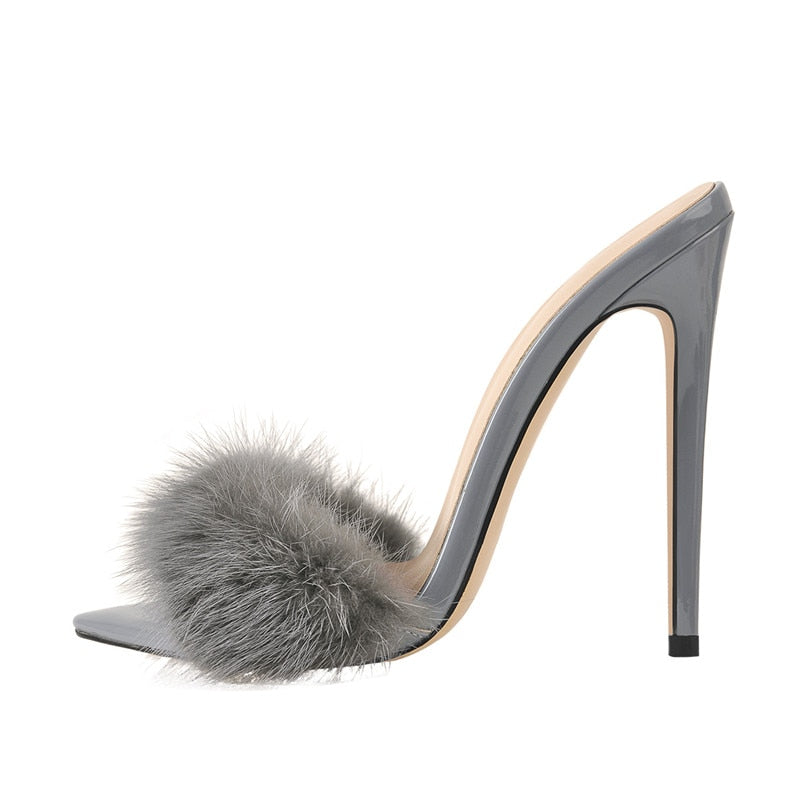 Peep Toe Mules Artificial Fur Slip OnWomen Brand HEELS