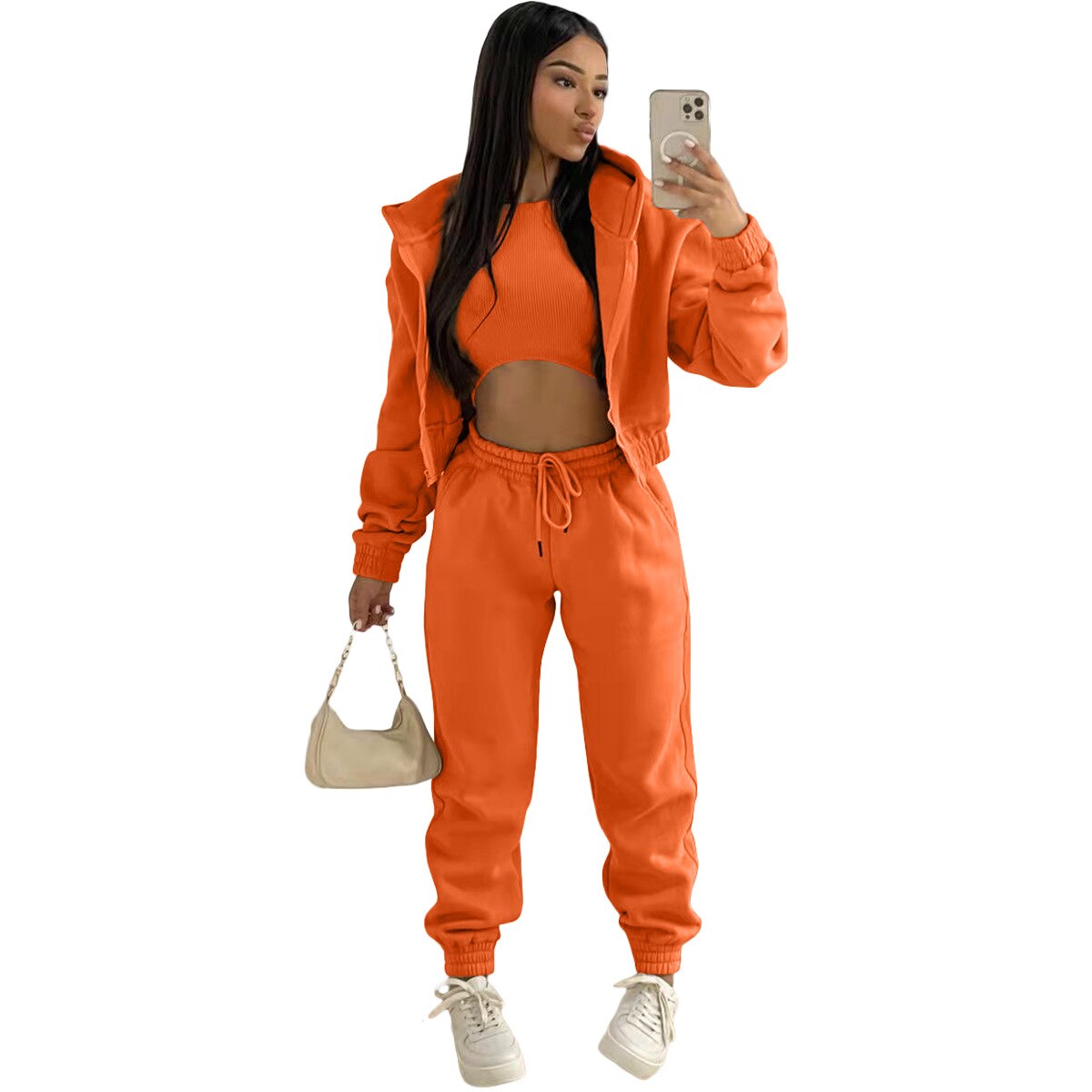 3 pieceLong Sleeve Zip Hoodies+Ribbed Tank+High Waist Three Pieces Outfit