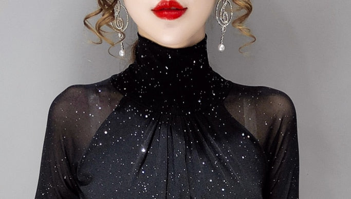 High neck Sexy Black Casual Bright silk Lady shirt