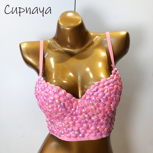 Pink Crystal Women Sexy Spandex Crop Top