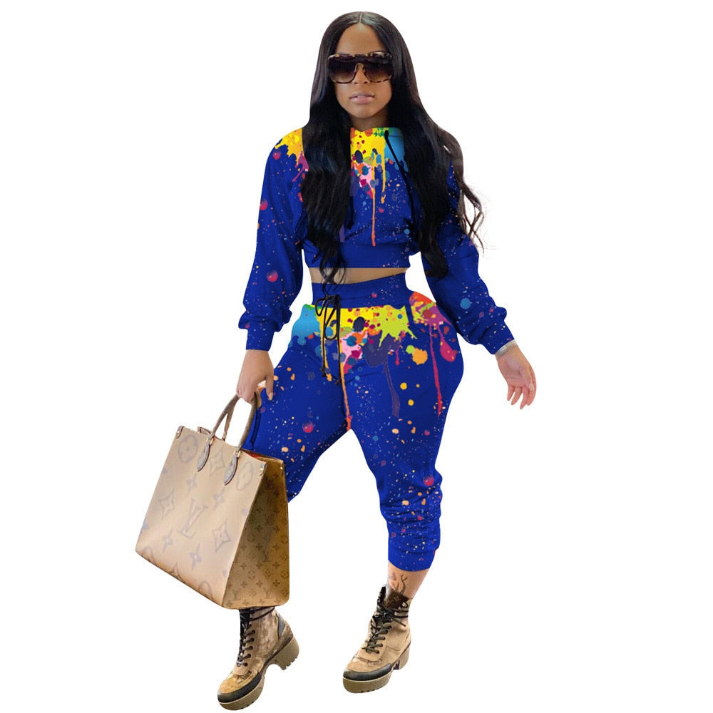 Splash-ink Print Sweat Suits Women Set Hoodies Sweatshirt and Sweatpants Set
