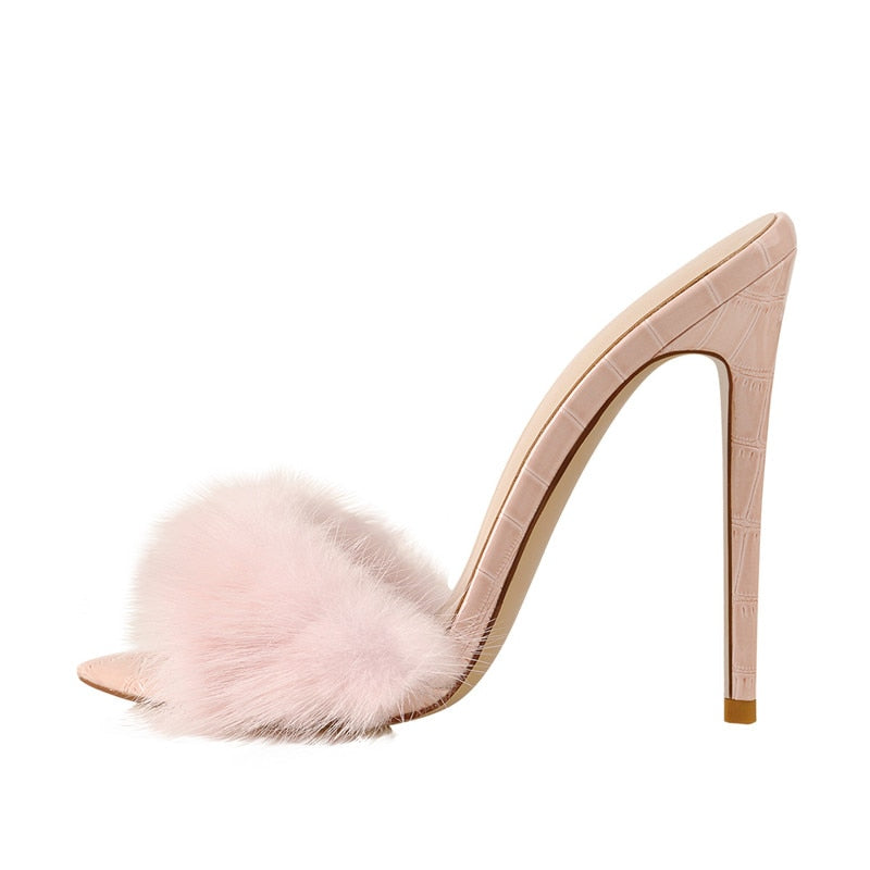 Peep Toe Mules Artificial Fur Slip OnWomen Brand HEELS
