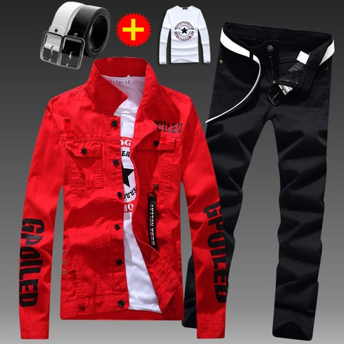 Men Slim Fit Denim Jacket Pants 2pcs Set