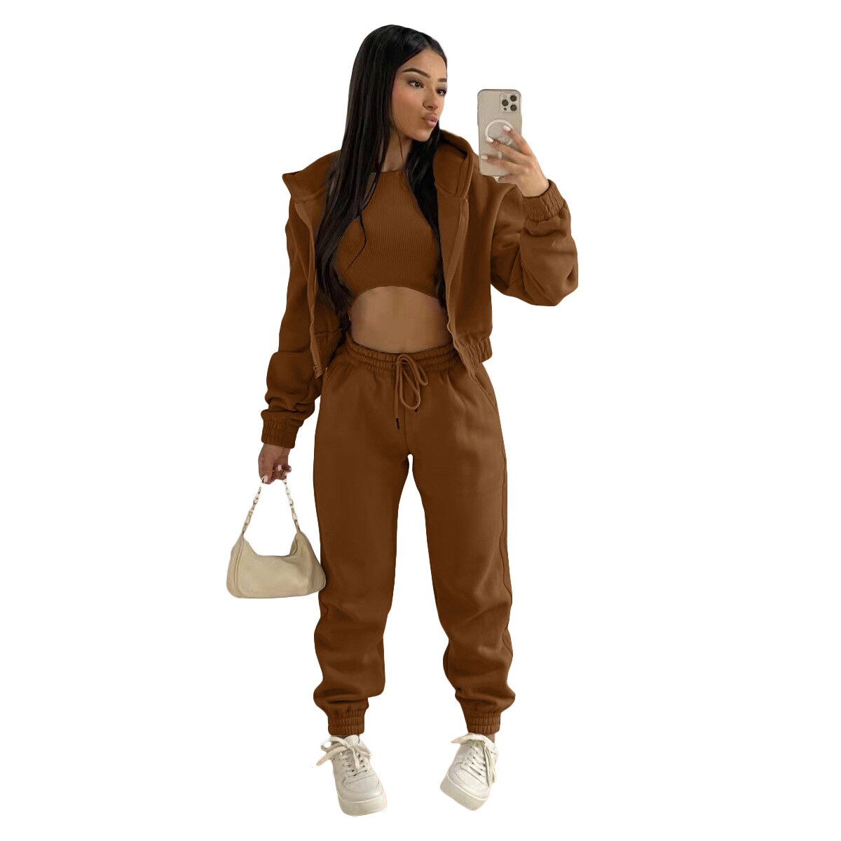 3 pieceLong Sleeve Zip Hoodies+Ribbed Tank+High Waist Three Pieces Outfit