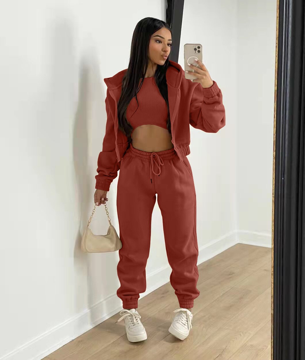 3 pieceLong Sleeve Zip Hoodies+Ribbed Tank+High Waist Three Pieces Outfit