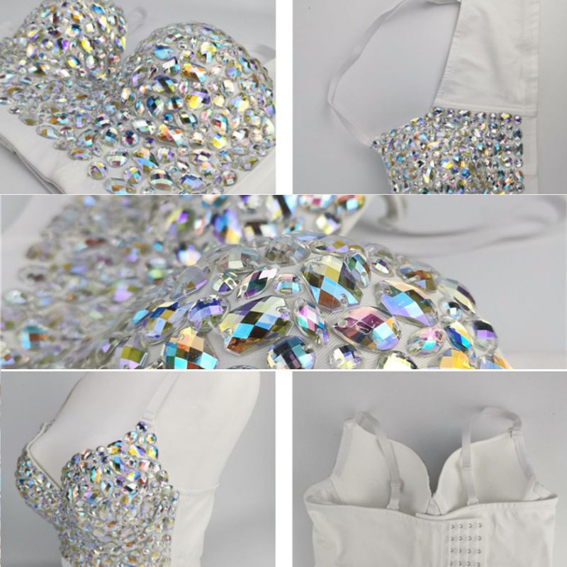 Colored Rhinestone Bustier Crop Top Spaghetti Strap Push Up Corset Vest