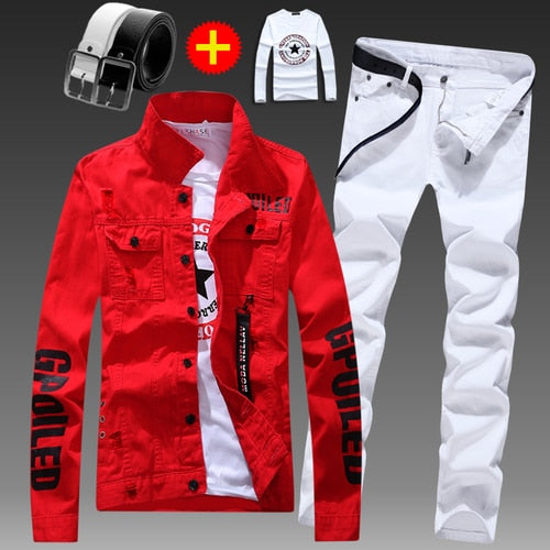 Men Slim Fit Denim Jacket Pants 2pcs Set