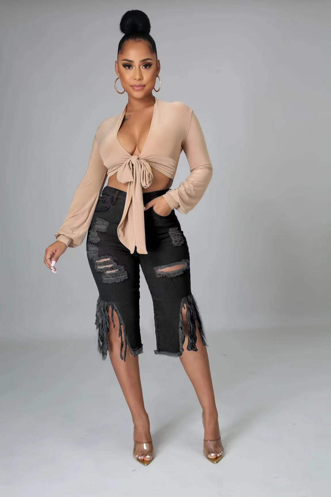 YAYA Women Jeans Hole Ripped