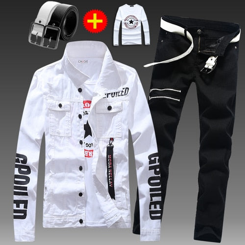 Men Slim Fit Denim Jacket Pants 2pcs Set