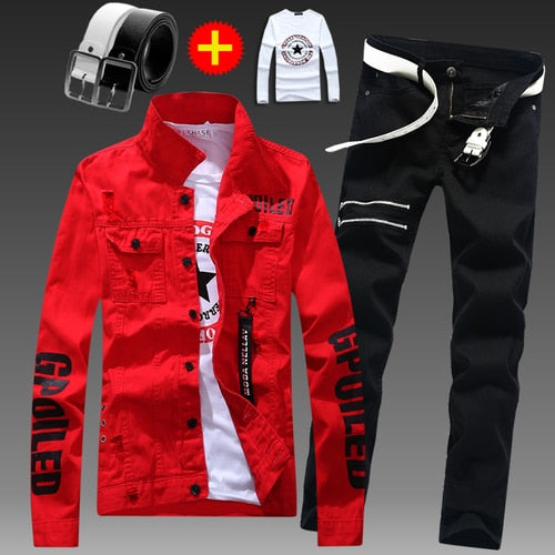 Men Slim Fit Denim Jacket Pants 2pcs Set
