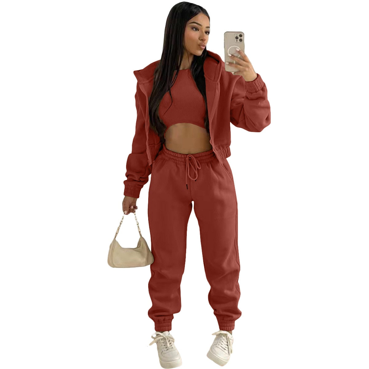 3 pieceLong Sleeve Zip Hoodies+Ribbed Tank+High Waist Three Pieces Outfit