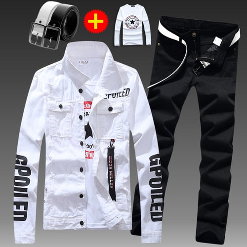 Men Slim Fit Denim Jacket Pants 2pcs Set