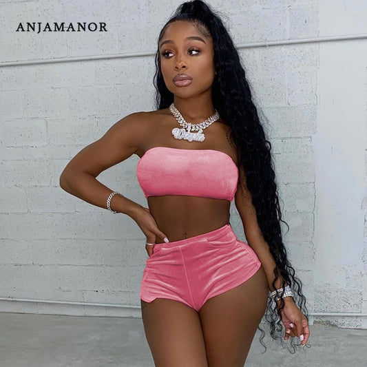 Solid Velvet Two Piece Shorts Sets luxury styles